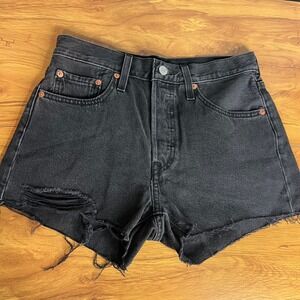 Levis 501 Cutoff Denim Shorts Size 26 Black Distressed Button Fly High Rise